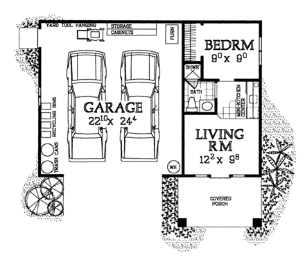 2 Car Garage Apartment Plan 91264 with 1 Beds, 1 Baths First Level Plan