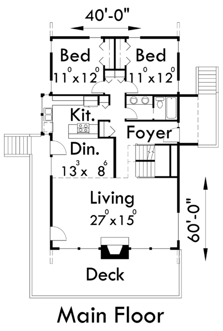 Contemporary, Narrow Lot House Plan 91319 with 3 Beds, 3 Baths First Level Plan