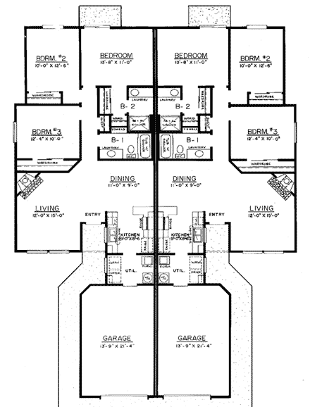 Ranch Multi-Family Plan 91332 with 6 Beds, 4 Baths, 2 Car Garage First Level Plan