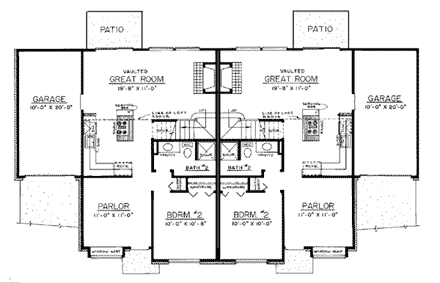 Tudor Multi-Family Plan 91334 with 4 Beds, 4 Baths, 2 Car Garage First Level Plan
