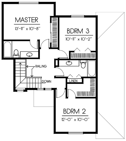 Craftsman, Narrow Lot House Plan 91607 with 3 Beds, 3 Baths, 2 Car Garage Second Level Plan