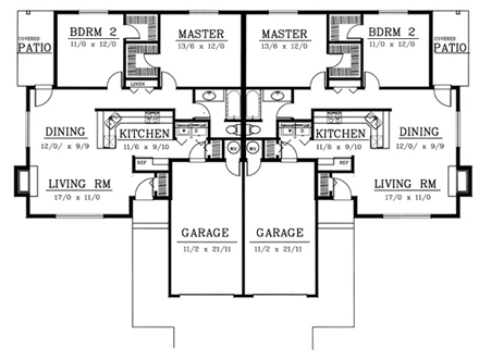 Ranch Multi-Family Plan 91614 with 4 Beds, 2 Baths, 2 Car Garage First Level Plan