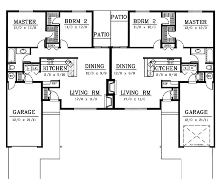 One-Story, Ranch, Traditional Multi-Family Plan 91615 with 4 Beds, 2 Baths, 2 Car Garage First Level Plan