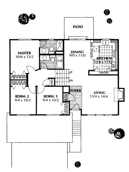 Contemporary, Narrow Lot, Traditional House Plan 91677 with 3 Beds, 2 Baths, 2 Car Garage First Level Plan