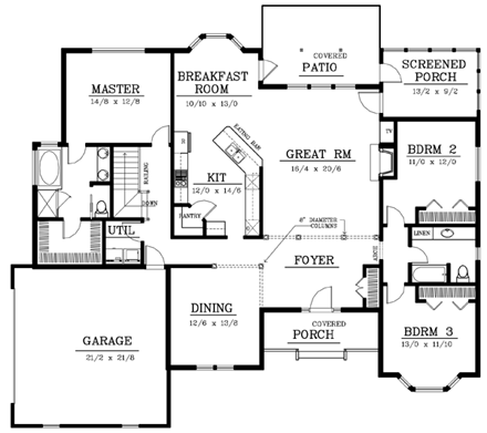 One-Story, Ranch, Southern, Traditional House Plan 91863 with 3 Beds, 2 Baths, 2 Car Garage First Level Plan