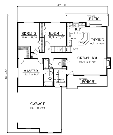 Country, One-Story House Plan 91869 with 3 Beds, 2 Baths, 2 Car Garage First Level Plan