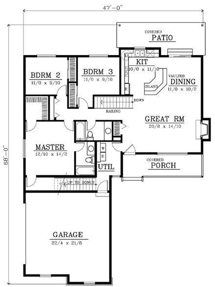 Country, One-Story House Plan 91870 with 3 Beds, 2 Baths, 2 Car Garage First Level Plan
