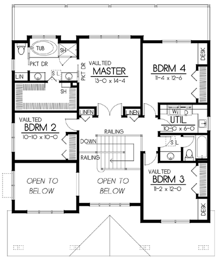 Bungalow, Craftsman House Plan 91885 with 5 Beds, 3 Baths, 4 Car Garage Second Level Plan