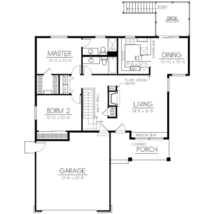 One-Story, Ranch House Plan 91890 with 2 Beds, 2 Baths, 2 Car Garage First Level Plan