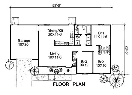 One-Story, Ranch House Plan 92039 with 3 Beds, 1 Baths, 1 Car Garage First Level Plan