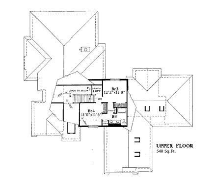 Bungalow, European House Plan 92062 with 4 Beds, 4 Baths, 3 Car Garage Second Level Plan