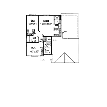 European House Plan 92066 with 3 Beds, 3 Baths, 2 Car Garage Second Level Plan