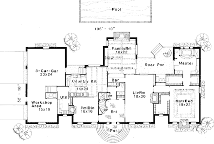 Colonial, French Country House Plan 92201 with 5 Beds, 4 Baths First Level Plan