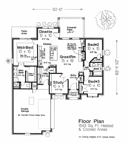 European House Plan 92231 with 3 Beds, 2 Baths, 2 Car Garage First Level Plan