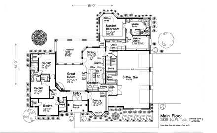 European House Plan 92233 with 4 Beds, 4 Baths, 3 Car Garage First Level Plan