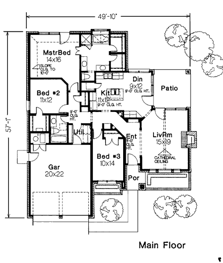 European House Plan 92242 with 3 Beds, 2 Baths, 2 Car Garage First Level Plan