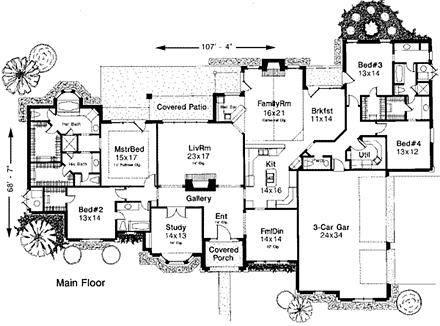 European House Plan 92265 with 4 Beds, 4 Baths, 3 Car Garage First Level Plan