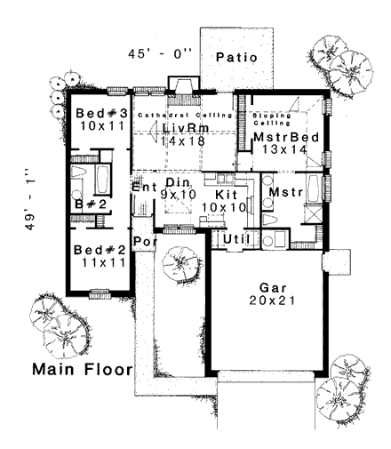 European House Plan 92267 with 3 Beds, 2 Baths First Level Plan
