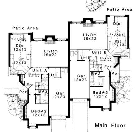 European, French Country Multi-Family Plan 92294 with 5 Beds, 4 Baths, 2 Car Garage First Level Plan