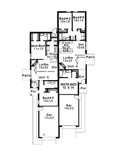 Ranch Multi-Family Plan 92296 with 5 Beds, 4 Baths, 2 Car Garage First Level Plan