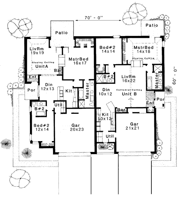Traditional Multi-Family Plan 92298 with 4 Beds, 4 Baths, 3 Car Garage Level One