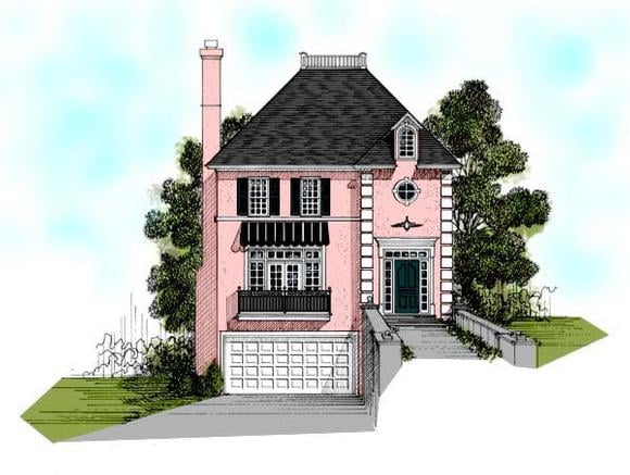 European, Narrow Lot, Traditional House Plan 92349 with 3 Beds, 3 Baths, 2 Car Garage Elevation