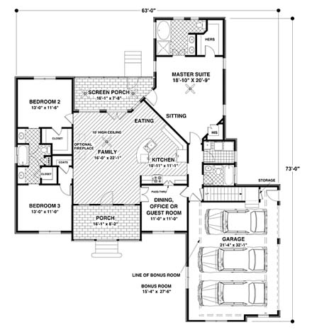Country, Craftsman House Plan 92385 with 3 Beds, 3 Baths, 3 Car Garage First Level Plan