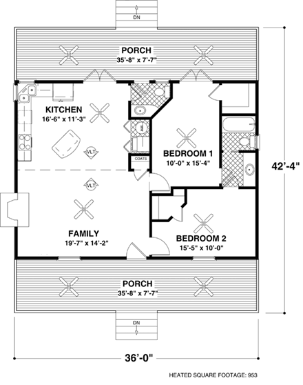 Cabin, Ranch, Traditional House Plan 92388 with 2 Beds, 2 Baths First Level Plan