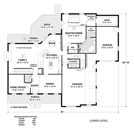Craftsman House Plan 92391 with 4 Beds, 5 Baths, 3 Car Garage First Level Plan