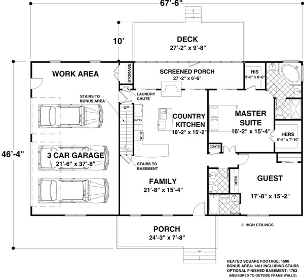 Ranch House Plan 92395 with 2 Beds, 3 Baths, 3 Car Garage Level One