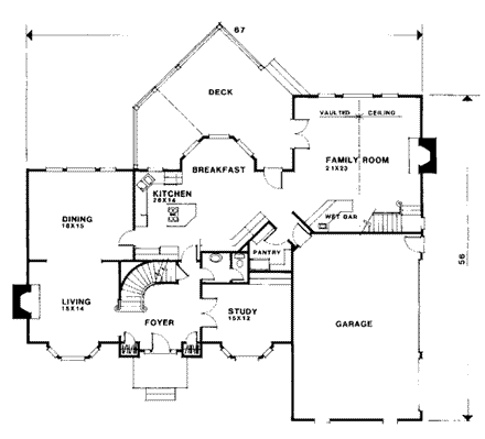 Colonial, European House Plan 92412 with 4 Beds, 4 Baths First Level Plan