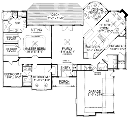 One-Story, Ranch House Plan 92418 with 3 Beds, 3 Baths, 2 Car Garage First Level Plan