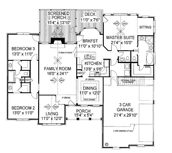 European, Ranch, Traditional House Plan 92421 with 3 Beds, 3 Baths, 3 Car Garage Level One