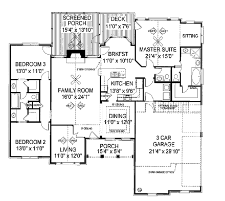 European, Ranch, Traditional House Plan 92421 with 3 Beds, 3 Baths, 3 Car Garage First Level Plan