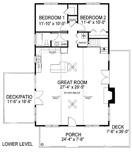 Country House Plan 92422 with 2 Beds, 1 Baths First Level Plan