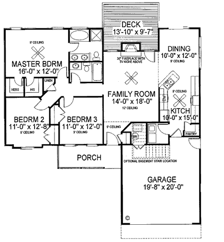 Bungalow, Country House Plan 92425 with 3 Beds, 2 Baths, 2 Car Garage First Level Plan
