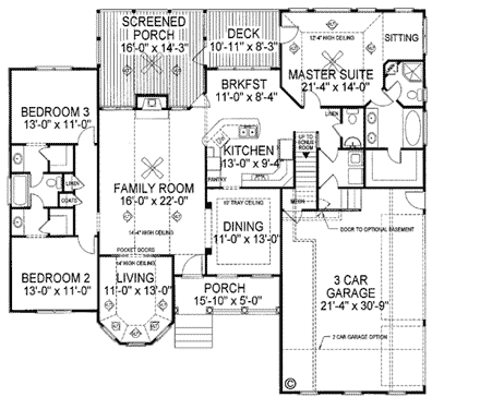 Bungalow, European, One-Story, Ranch, Traditional House Plan 92427 with 3 Beds, 3 Baths, 3 Car Garage First Level Plan