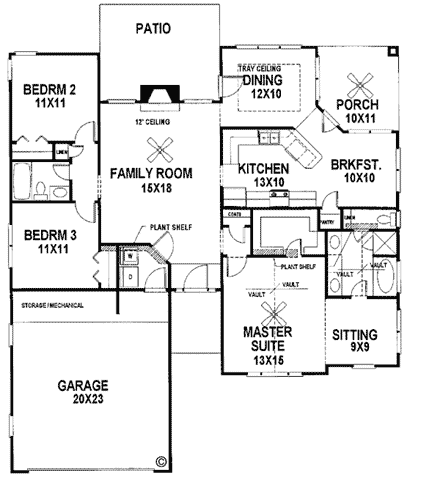 European, Ranch House Plan 92433 with 3 Beds, 2 Baths, 2 Car Garage First Level Plan