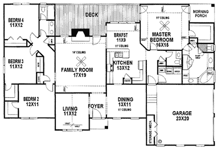 European House Plan 92436 with 4 Beds, 3 Baths, 2 Car Garage First Level Plan