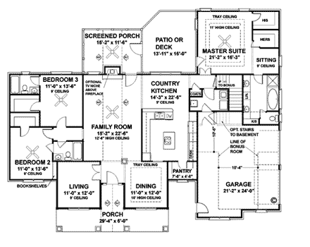 Colonial, Country House Plan 92443 with 3 Beds, 3 Baths, 2 Car Garage First Level Plan