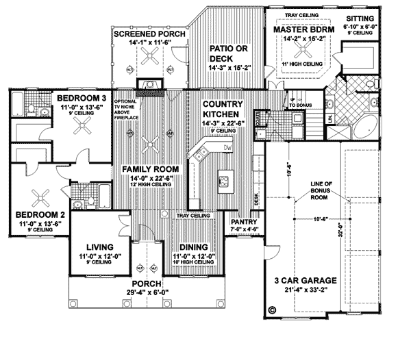 Country House Plan 92444 with 3 Beds, 3 Baths, 3 Car Garage Level One