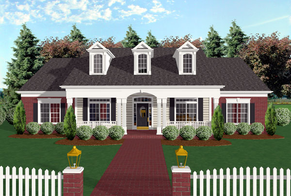 Cape Cod, Country, Farmhouse, One-Story, Ranch Plan with 1992 Sq. Ft., 3 Bedrooms, 3 Bathrooms, 2 Car Garage Elevation