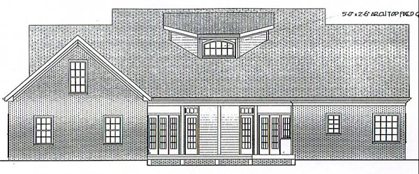 Cape Cod, Country, Farmhouse, One-Story, Ranch Plan with 1992 Sq. Ft., 3 Bedrooms, 3 Bathrooms, 2 Car Garage Rear Elevation