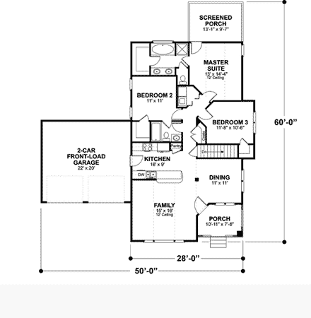 Traditional House Plan 92458 with 3 Beds, 2 Baths, 2 Car Garage First Level Plan