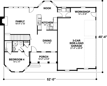 Colonial, Victorian House Plan 92462 with 4 Beds, 3 Baths, 3 Car Garage First Level Plan