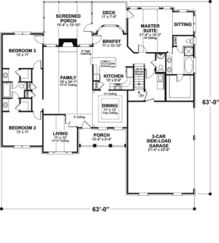 Ranch House Plan 92463 with 3 Beds, 3 Baths, 3 Car Garage First Level Plan
