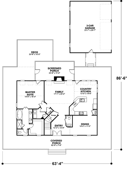 Country, Farmhouse, Southern House Plan 92465 with 3 Beds, 3 Baths, 3 Car Garage First Level Plan