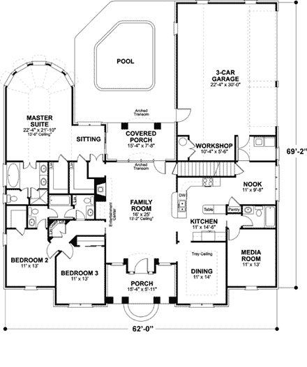 Colonial, Country House Plan 92466 with 3 Beds, 3 Baths, 3 Car Garage First Level Plan