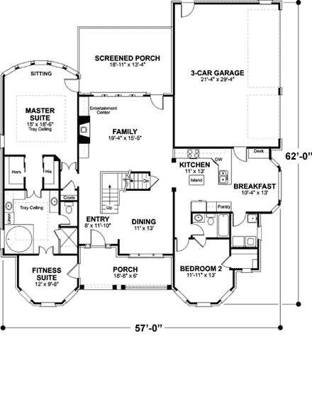 Bungalow, European House Plan 92467 with 4 Beds, 4 Baths, 3 Car Garage First Level Plan