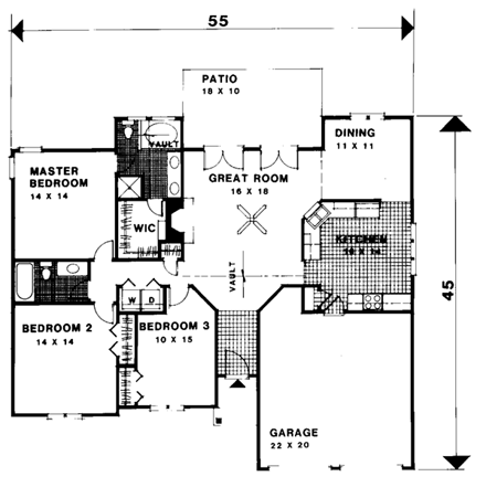 One-Story, Ranch House Plan 92487 with 3 Beds, 2 Baths, 2 Car Garage First Level Plan